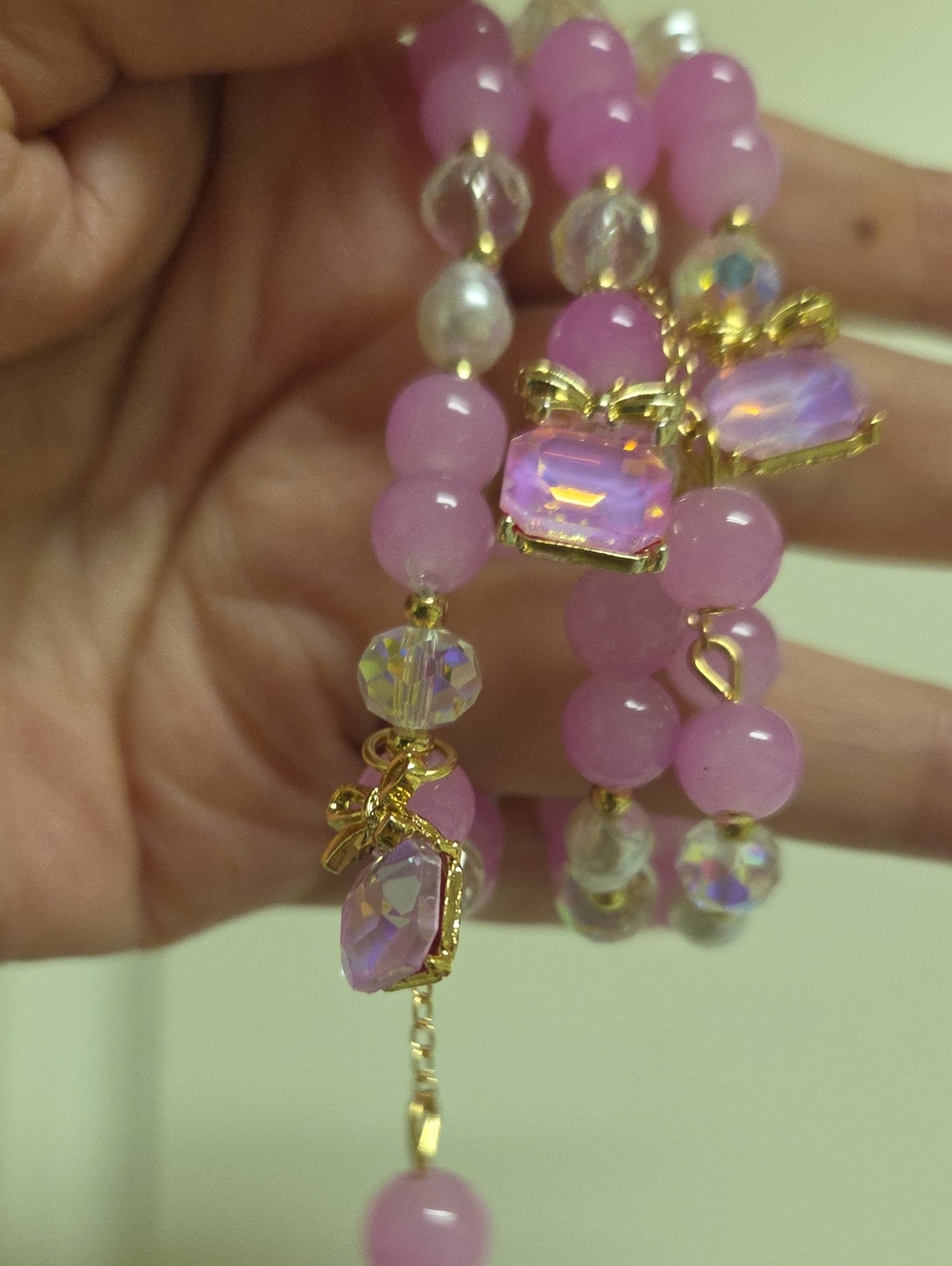 3 Pink Beaded Stretch Bracelet with Iridescent Crystal Accents